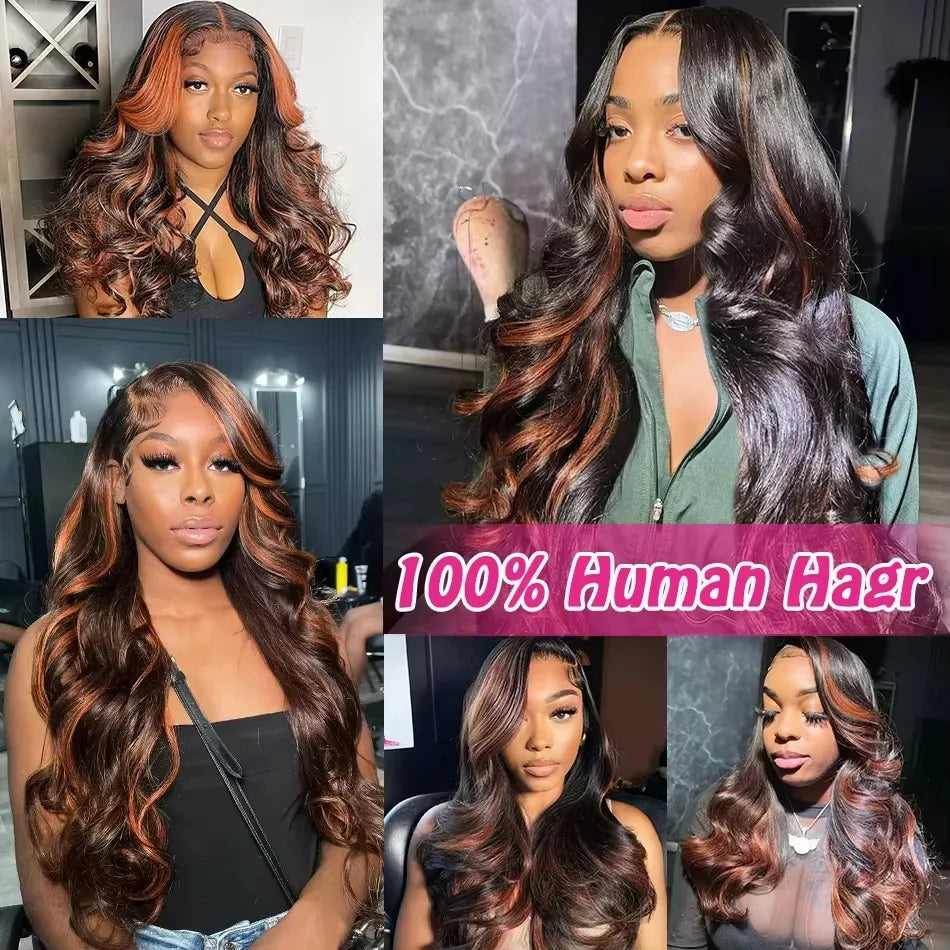 Ombre Highlight Body Wave HD Lace Front Human Hair Wig Curly 1B/30 Black Brown Colored