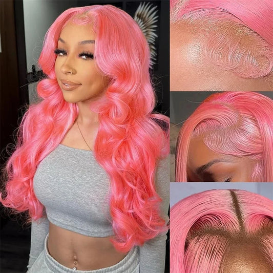 Body Wave Hd Lace Frontal Wig Pre Plucked Transparent Colored Lace Front Pink Wig