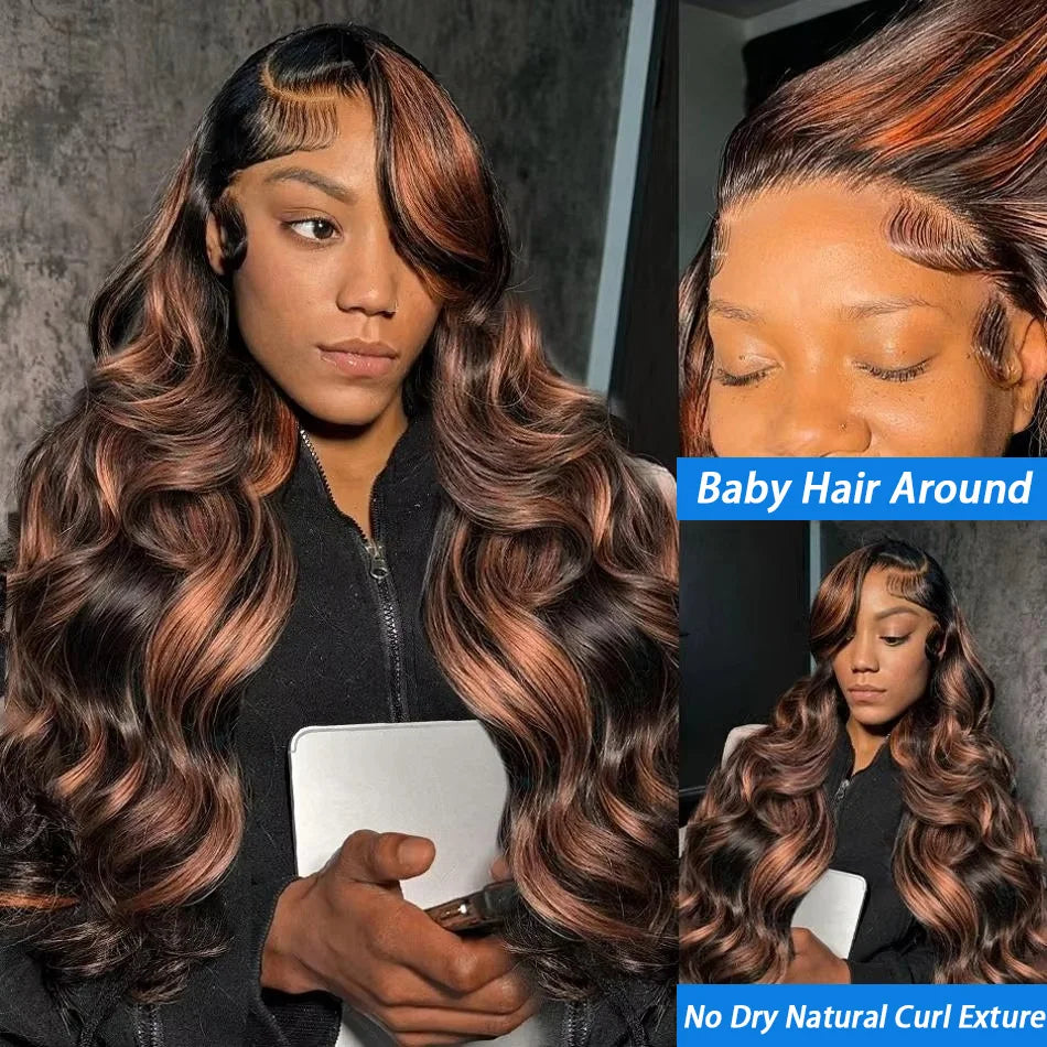 Ombre Highlight Body Wave HD Lace Front Human Hair Wig Curly 1B/30 Black Brown Colored