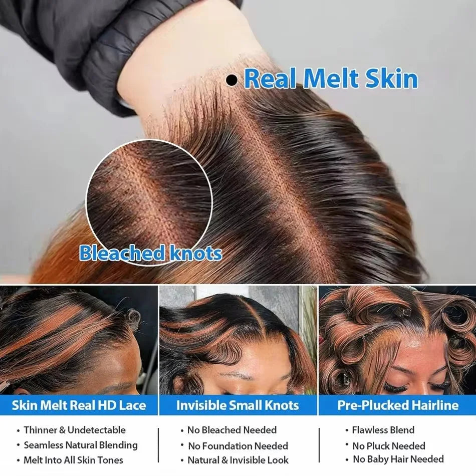 Ombre Highlight Body Wave HD Lace Front Human Hair Wig Curly 1B/30 Black Brown Colored