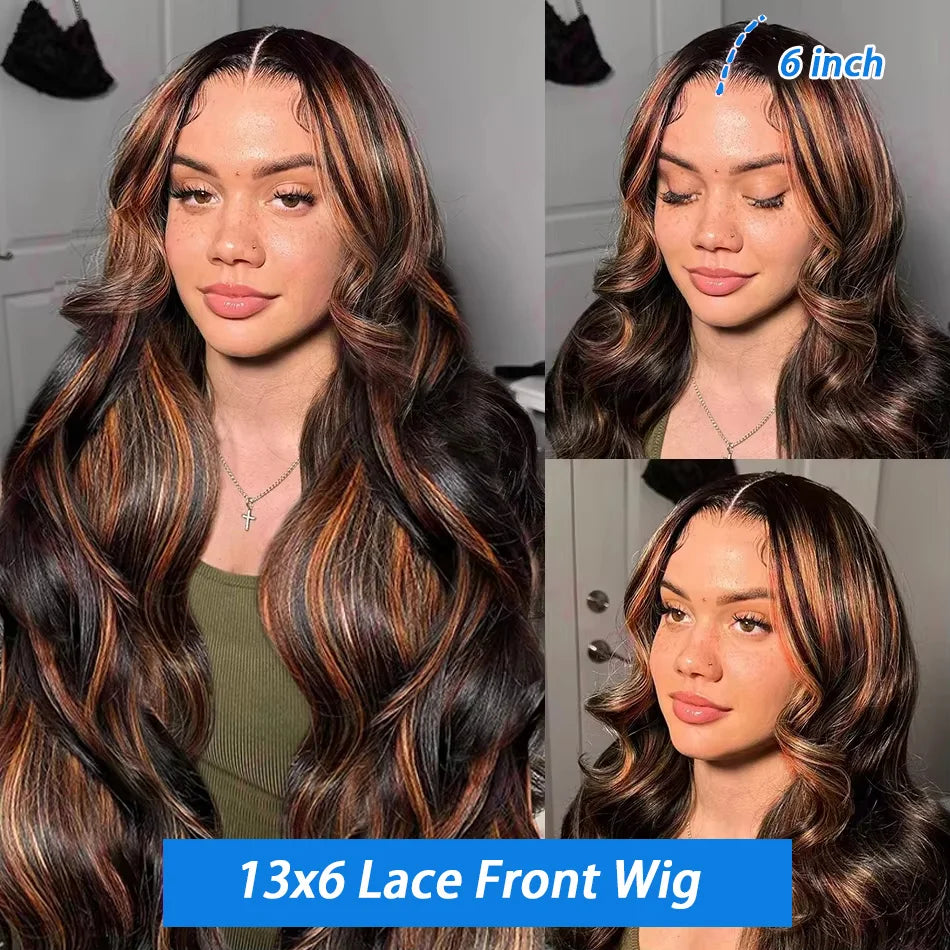 Ombre Highlight Body Wave HD Lace Front Human Hair Wig Curly 1B/30 Black Brown Colored