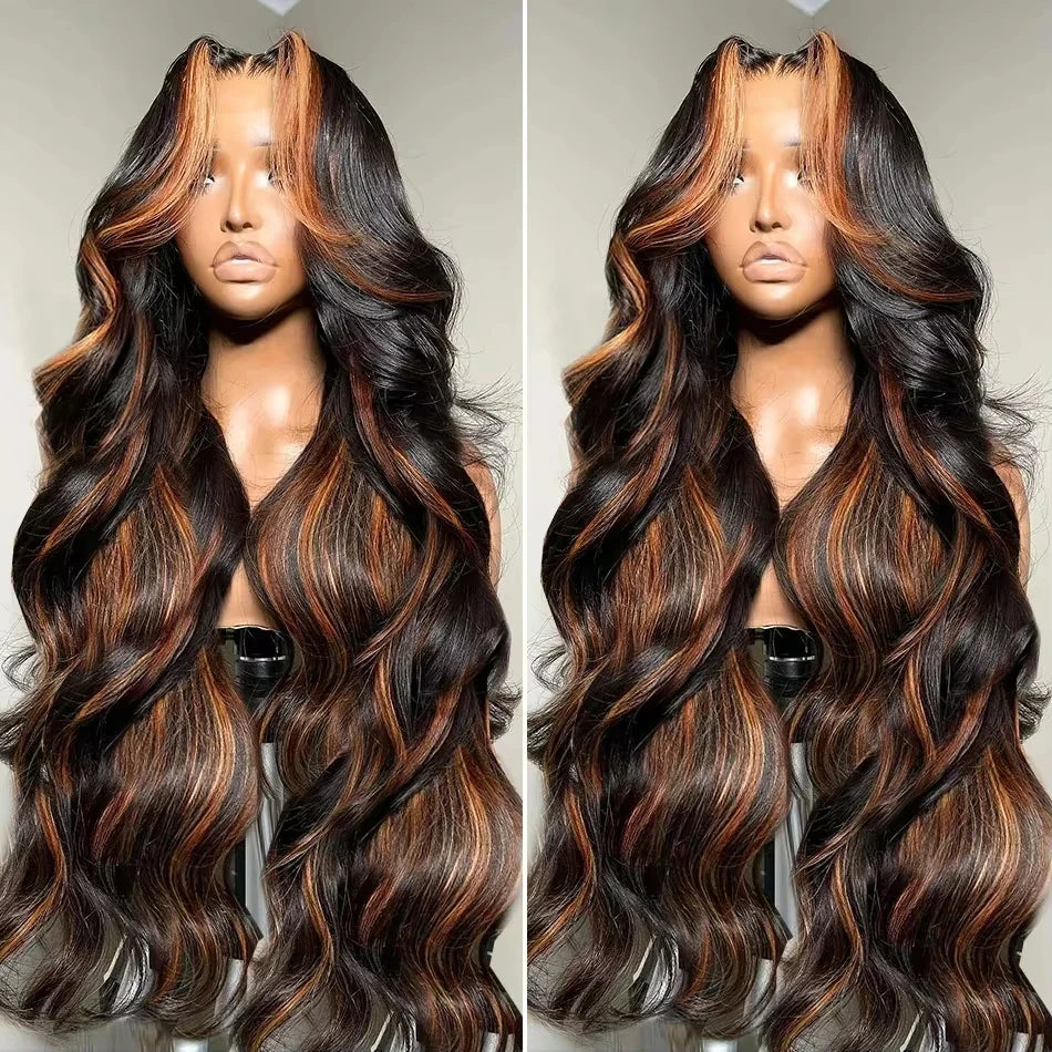 Ombre Highlight Body Wave HD Lace Front Human Hair Wig Curly 1B/30 Black Brown Colored