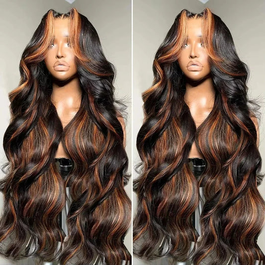 Ombre Highlight Body Wave HD Lace Front Human Hair Wig Curly 1B/30 Black Brown Colored