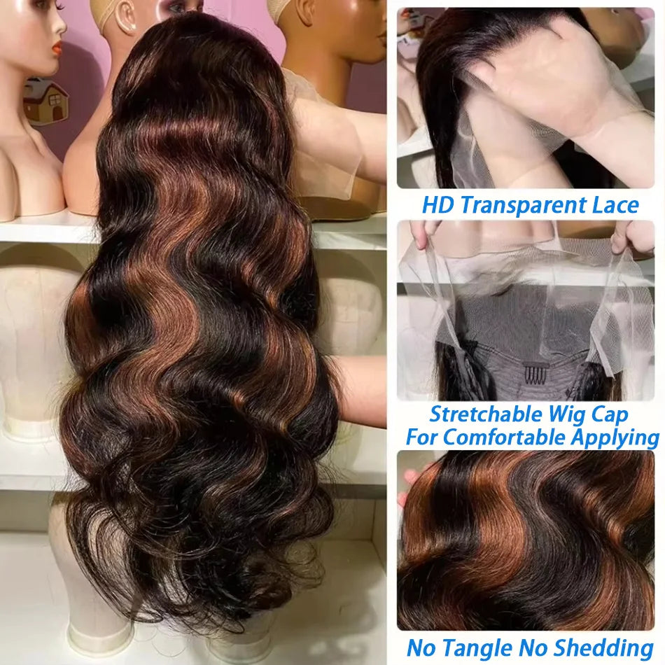 Ombre Highlight Body Wave HD Lace Front Human Hair Wig Curly 1B/30 Black Brown Colored