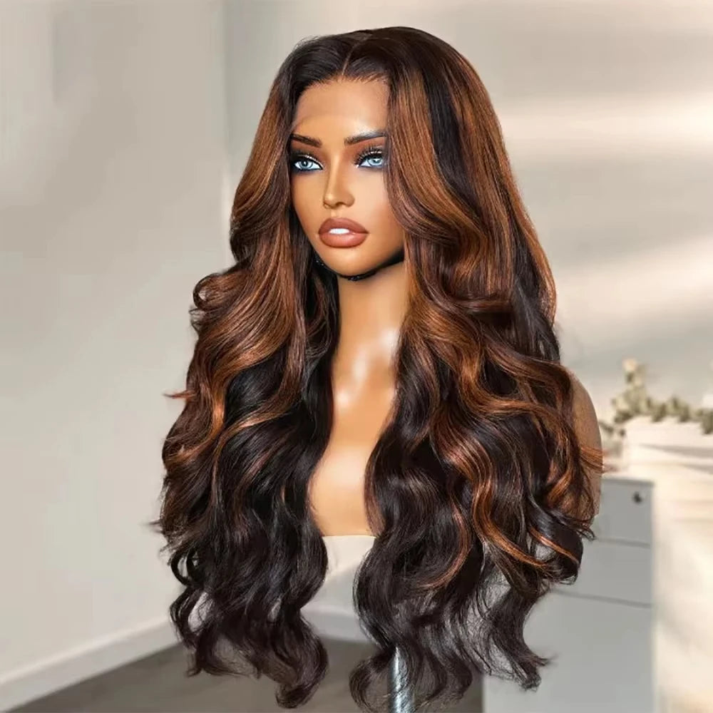 Ombre Highlight Body Wave HD Lace Front Human Hair Wig Curly 1B/30 Black Brown Colored