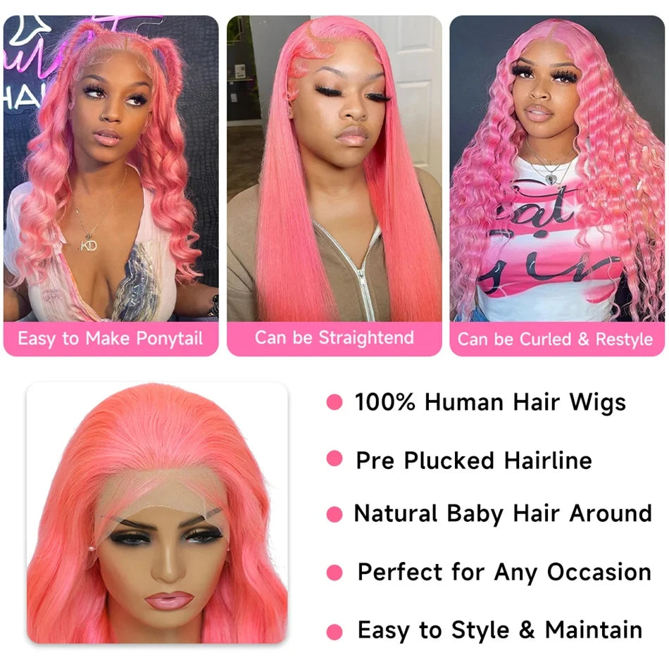 Body Wave Hd Lace Frontal Wig Pre Plucked Transparent Colored Lace Front Pink Wig