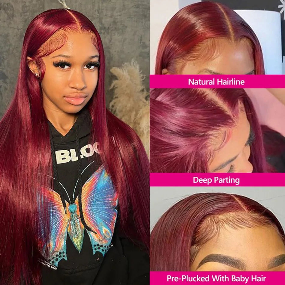 HD Lace Front Wig Human Hair Wigs 99J Red Burgundy