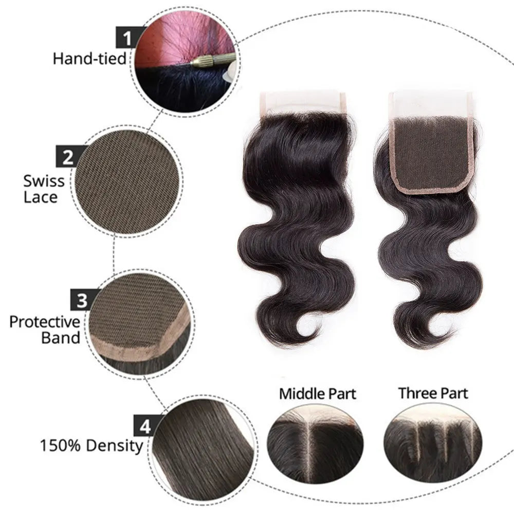 Body Wave Closure Human Hair Preplucked Body Wave Human Hair Closure Transparent