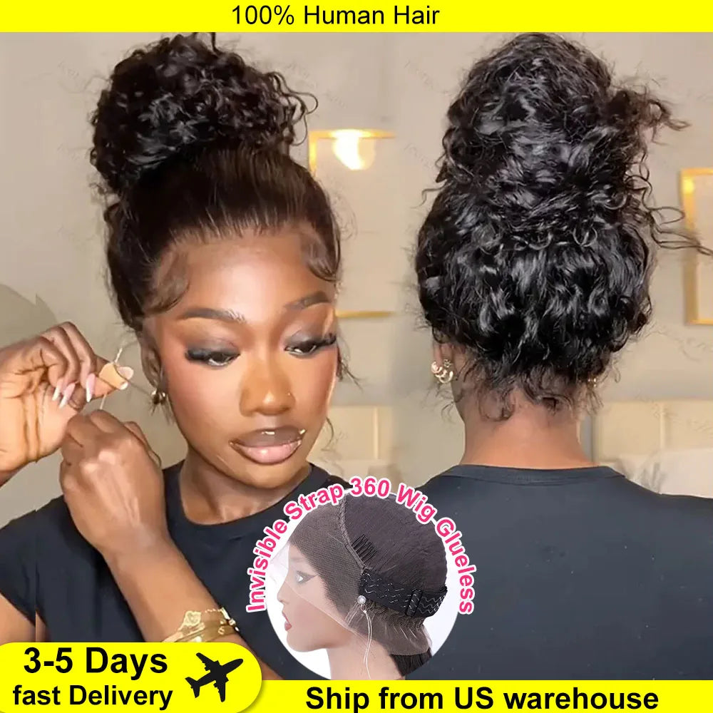 Invisible Strap 360 HD Full Lace Glueless Wig Deep Wave Frontal Wig