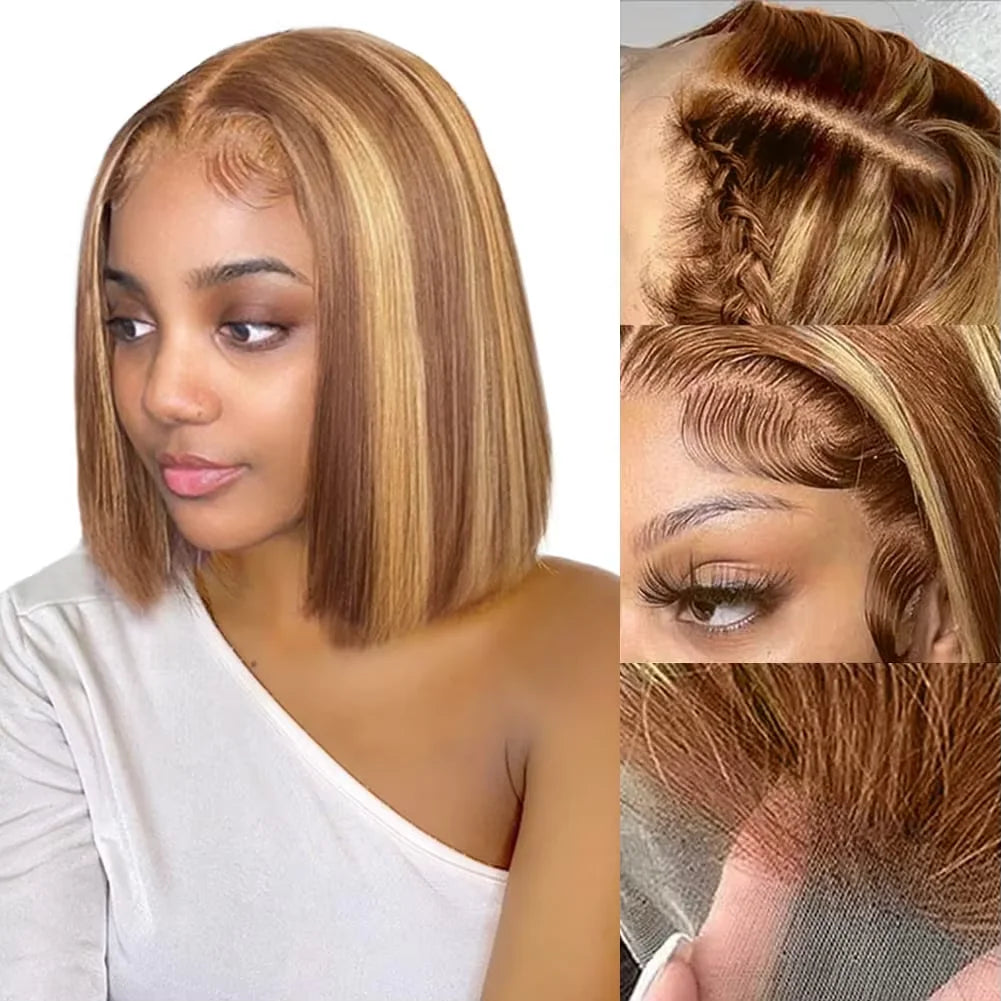 4/27 Highlight Bob Wigs Straight Lace Front Wig Human Hair Ombre F
