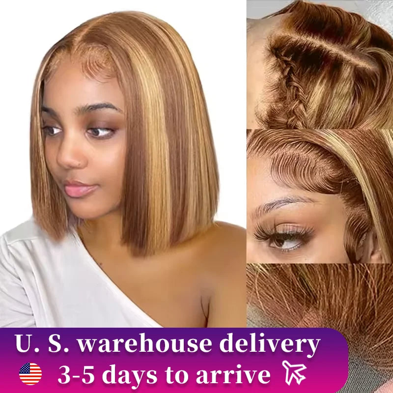 4/27 Highlight Bob Wigs Straight Lace Front Wig Human Hair Ombre F