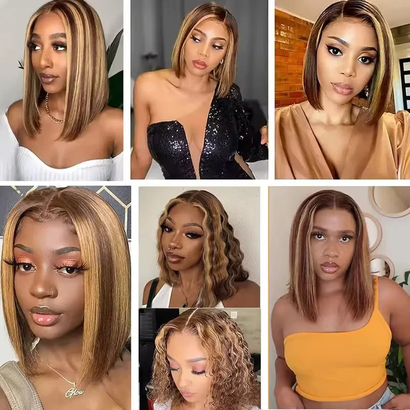 4/27 Highlight Bob Wigs Straight Lace Front Wig Human Hair Ombre F